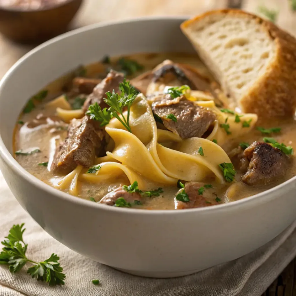 Creamy Beef Stroganoff Soup – Comfort in a Bowl 8 Bowl of beef stroganoff soup served with bread