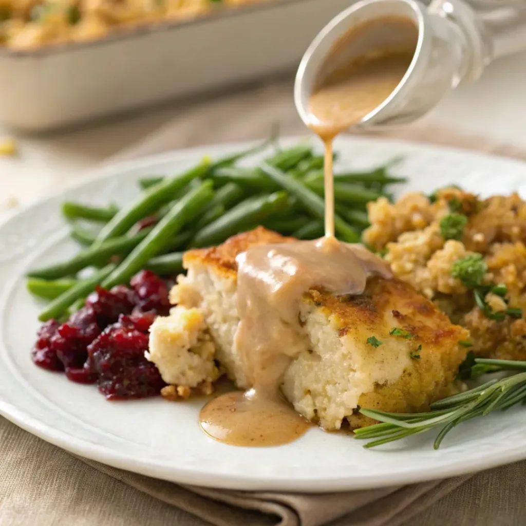 Chicken Cornbread Dressing – A Cozy Southern Classic 8 Plate of chicken cornbread dressing served with gravy