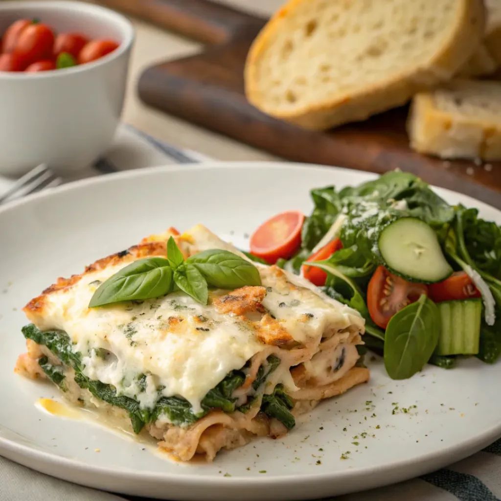 Creamy chicken spinach lasagna with salad and bread