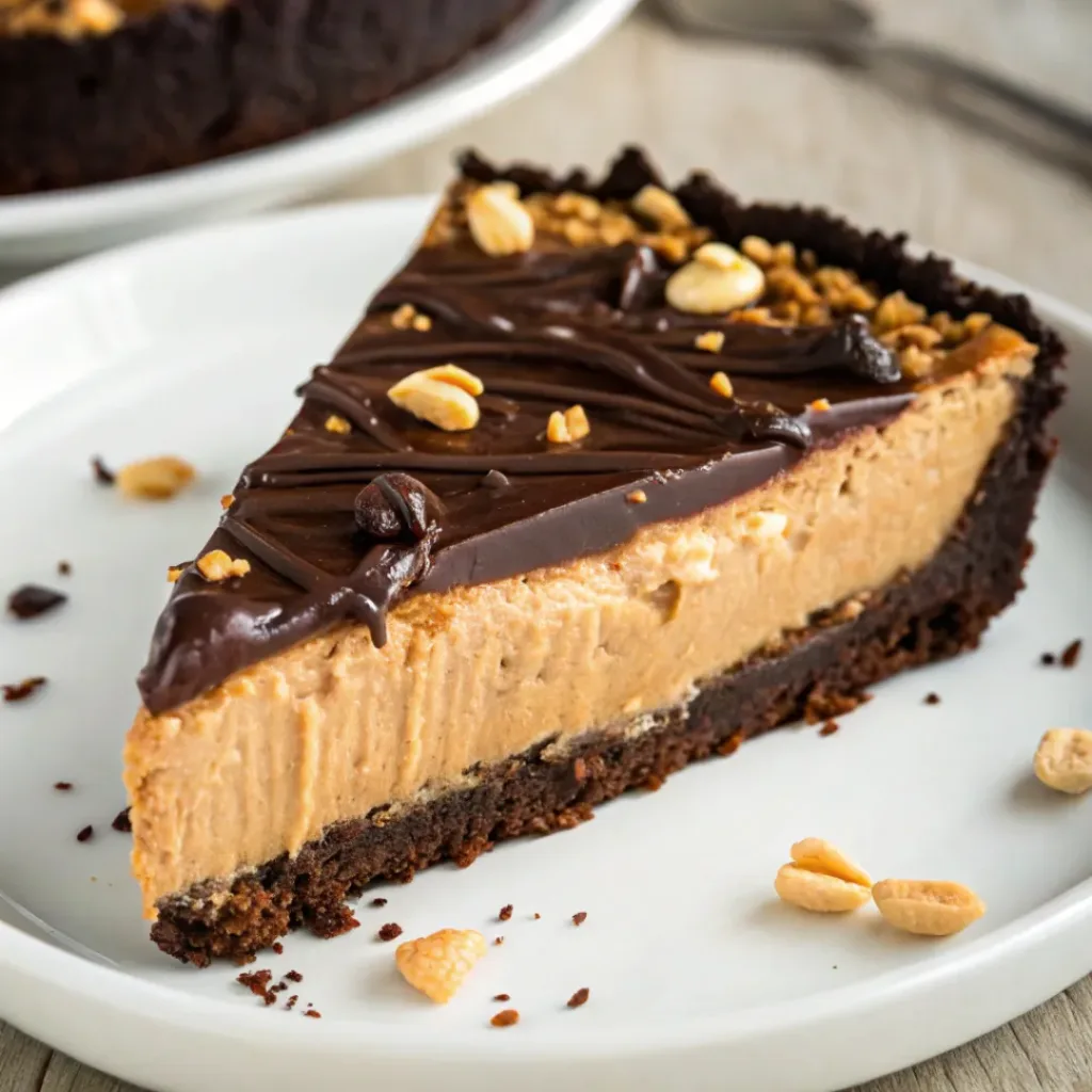 Rich and Silky Chocolate Peanut Butter Pie 8 Slice of chocolate peanut butter pie with Oreo crust and ganache