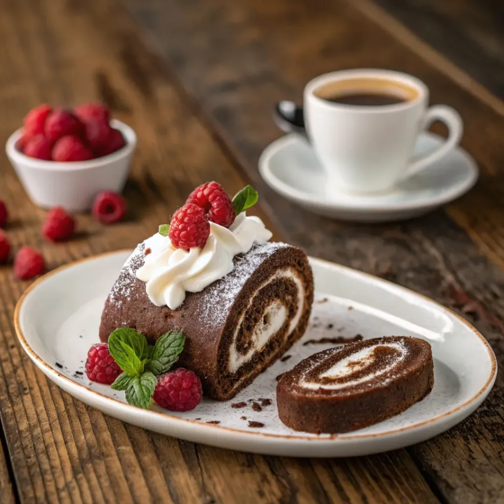 Homemade Chocolate Swiss Roll with Cream Filling 8 Slice of chocolate Swiss roll served with berries