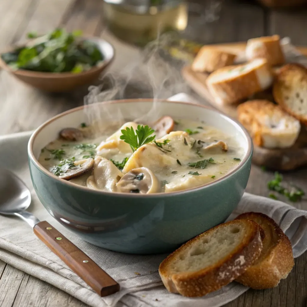 Italian-Style Creamy Mushroom Tortellini Soup 8 Bowl of creamy mushroom tortellini soup with bread