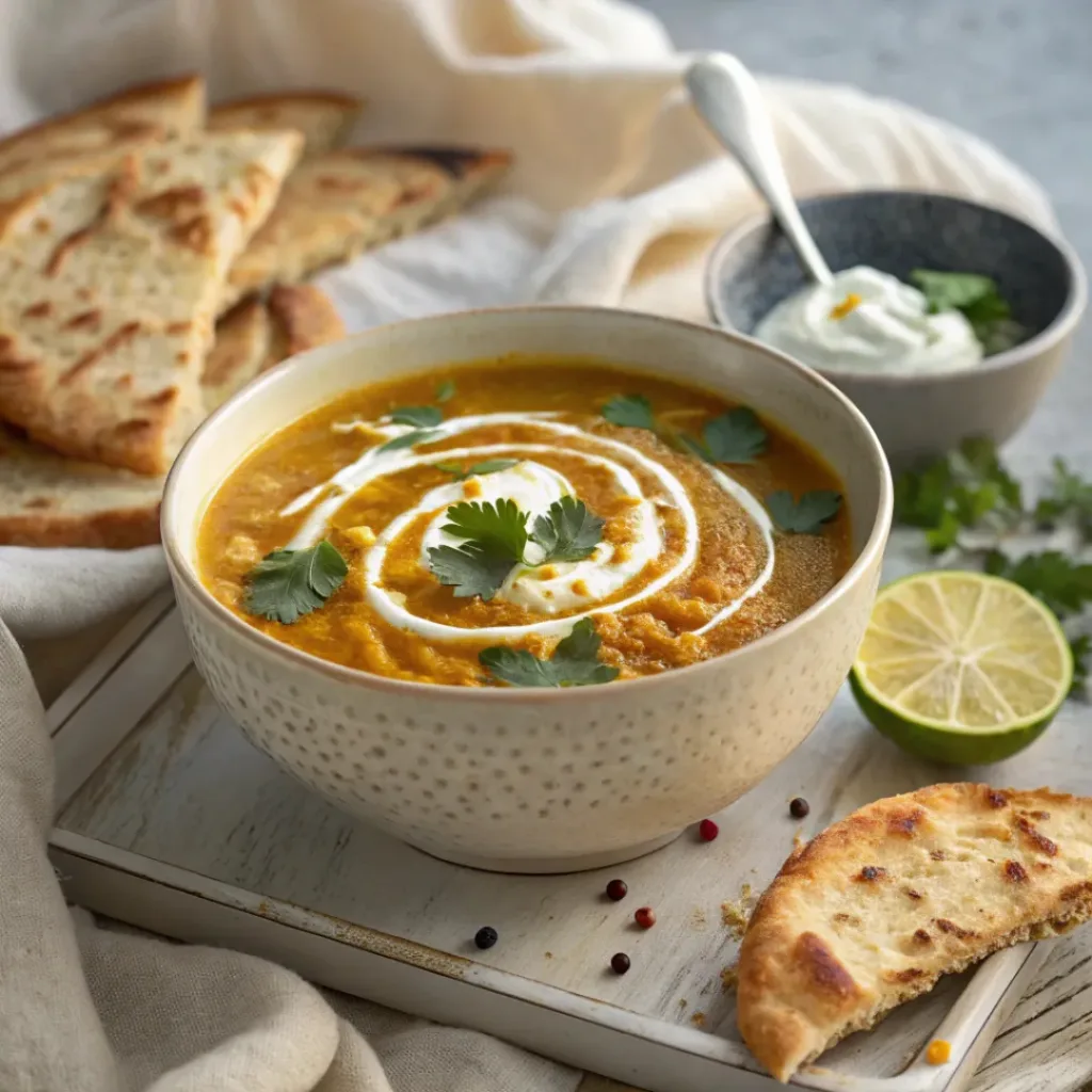 Bowl of Mulligatawny soup served with naan bread