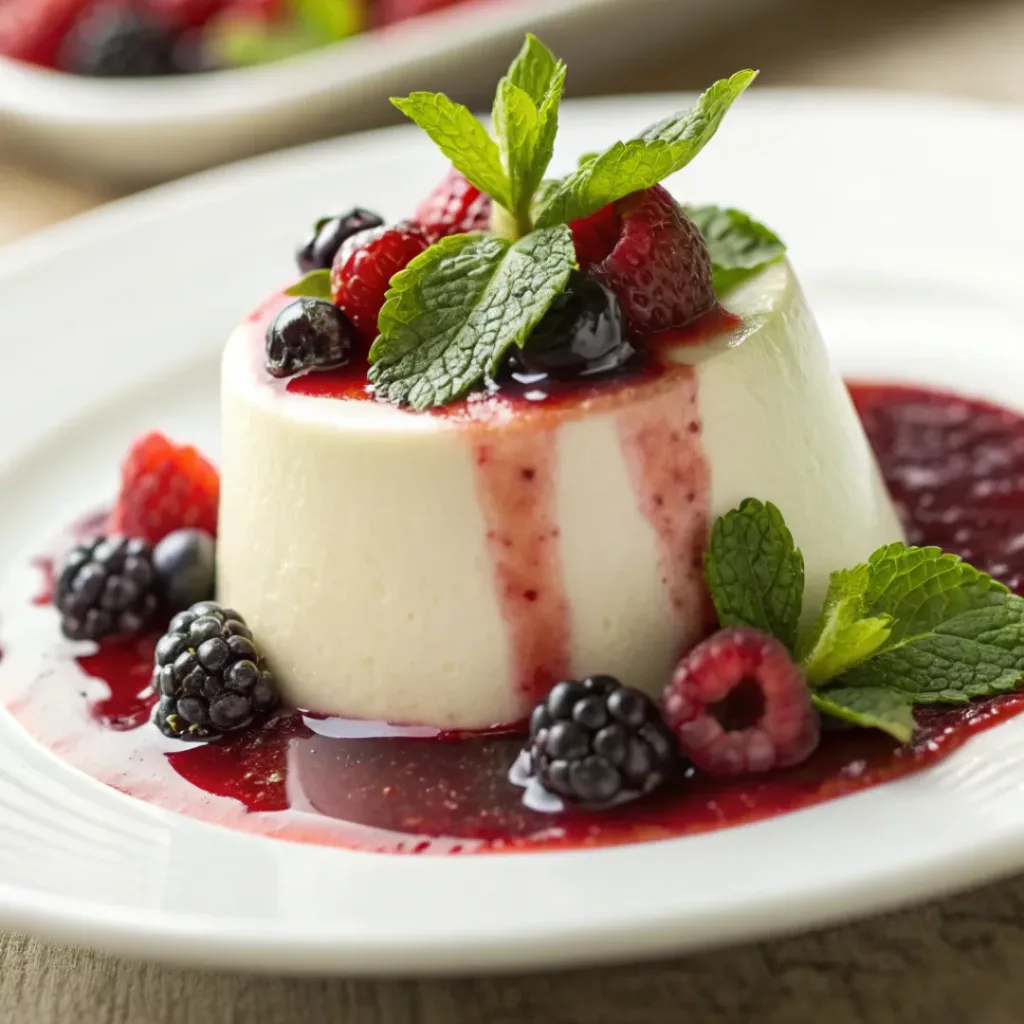 Classic Vanilla Panna Cotta – Silky Italian Dessert 8 Panna cotta served with berry sauce and mint garnish