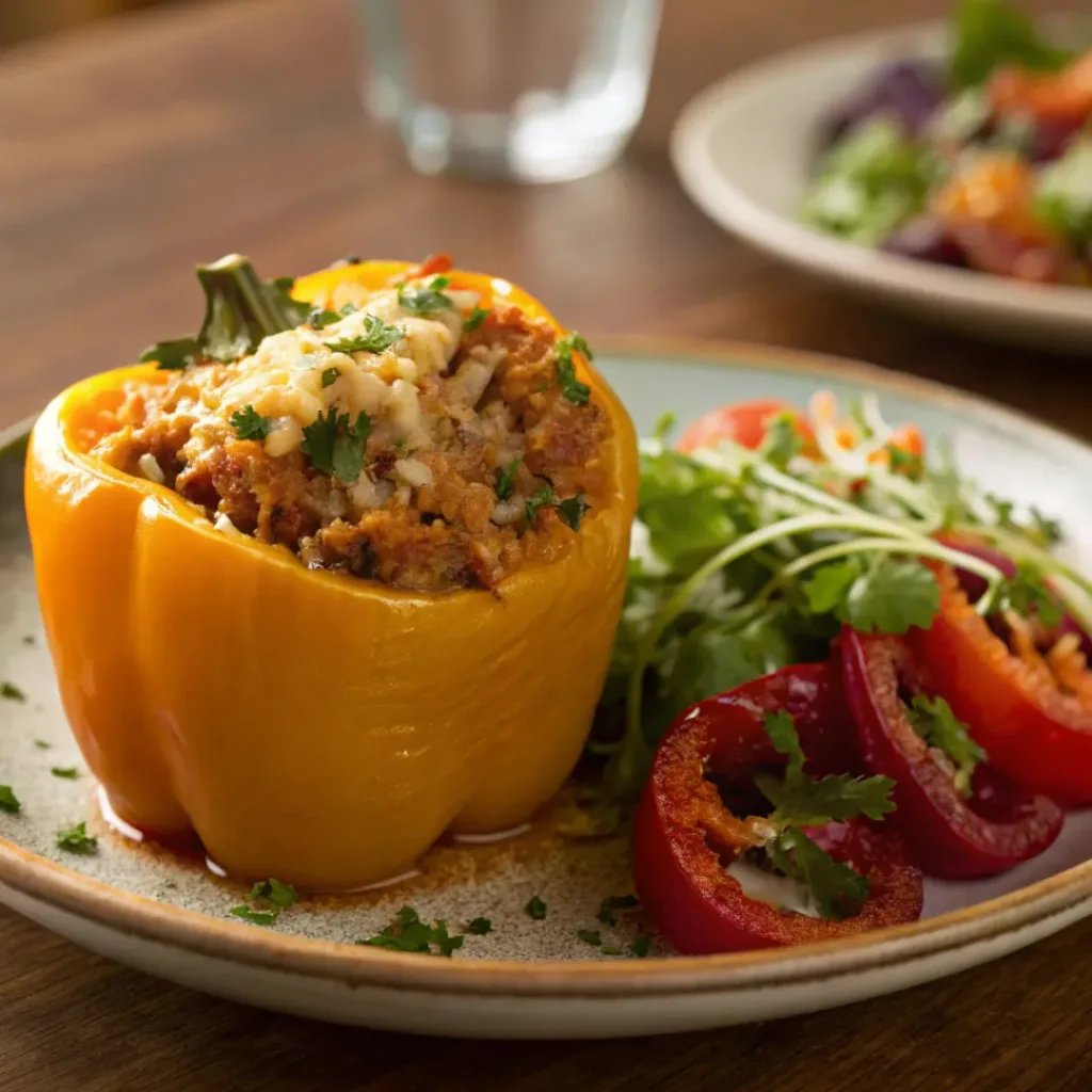 Stuffed Bell Peppers – Colorful, Hearty & Easy Family Dinner 8 Stuffed bell pepper cut open showing rice and beef filling