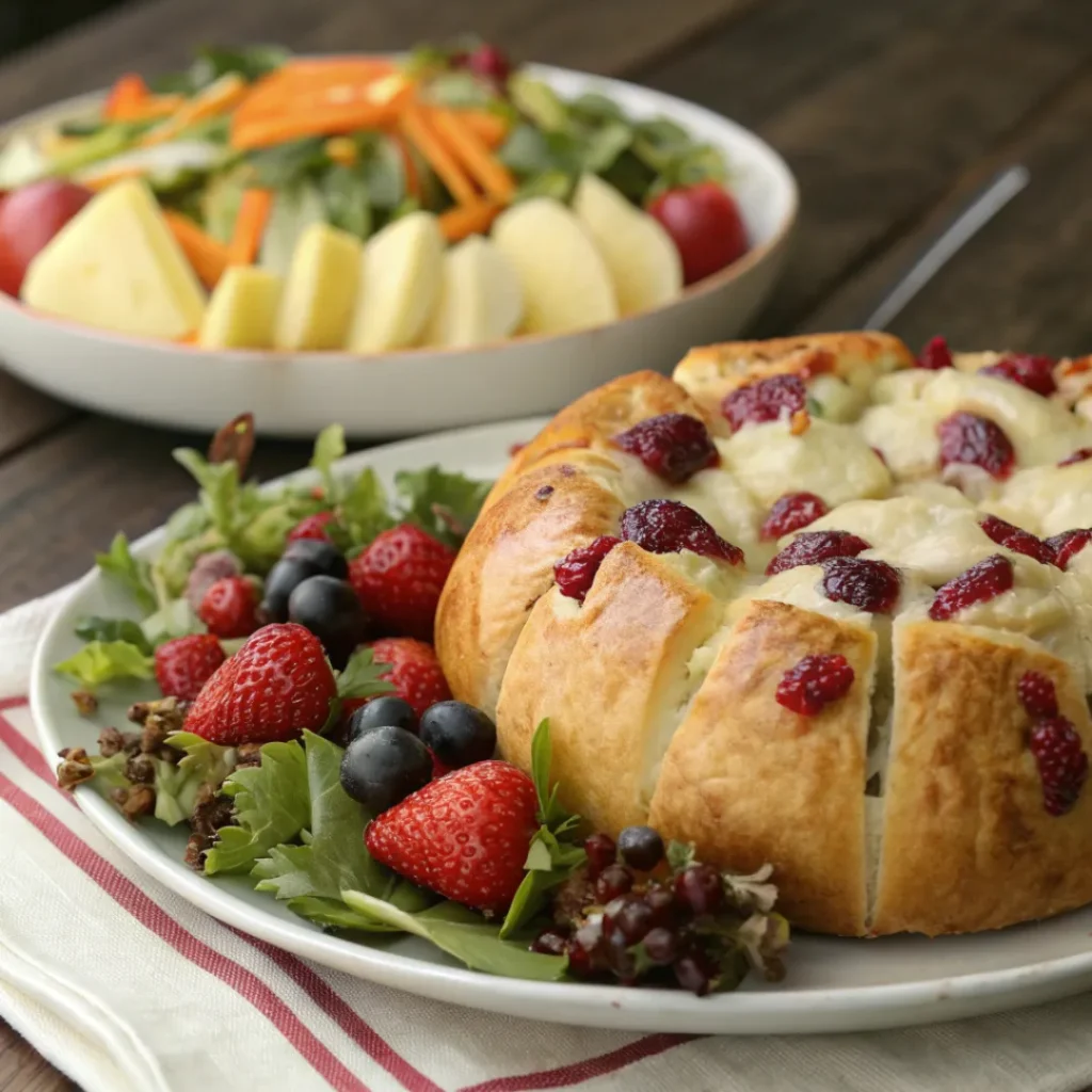 Gooey cranberry brie bread with fruits and salad