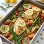 Sheet pan of roasted lemon herb chicken with vegetables
