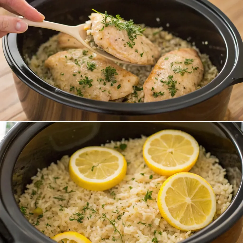 Collage of steps for preparing slow cooker lemon herb chicken and rice