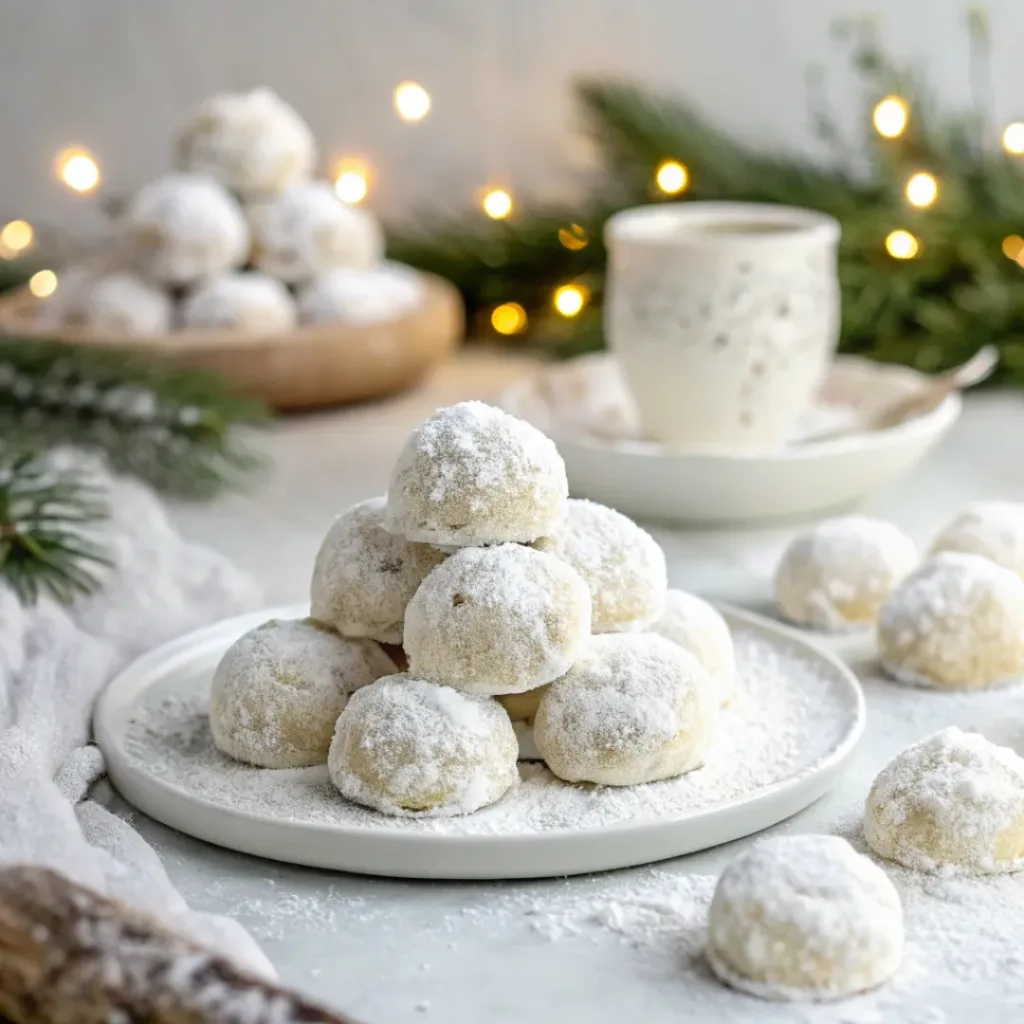 Buttery Snowball Cookies coated in powdered sugar