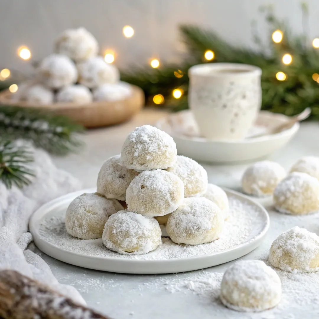 Snowball Cookies with Powdered Sugar 5 Buttery Snowball Cookies coated in powdered sugar
