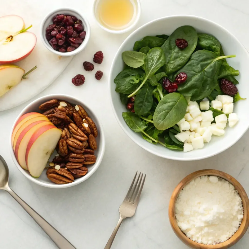 Healthy Spinach Apple Cranberry Salad Recipe 6 Flat lay of ingredients for Spinach Apple Cranberry Salad