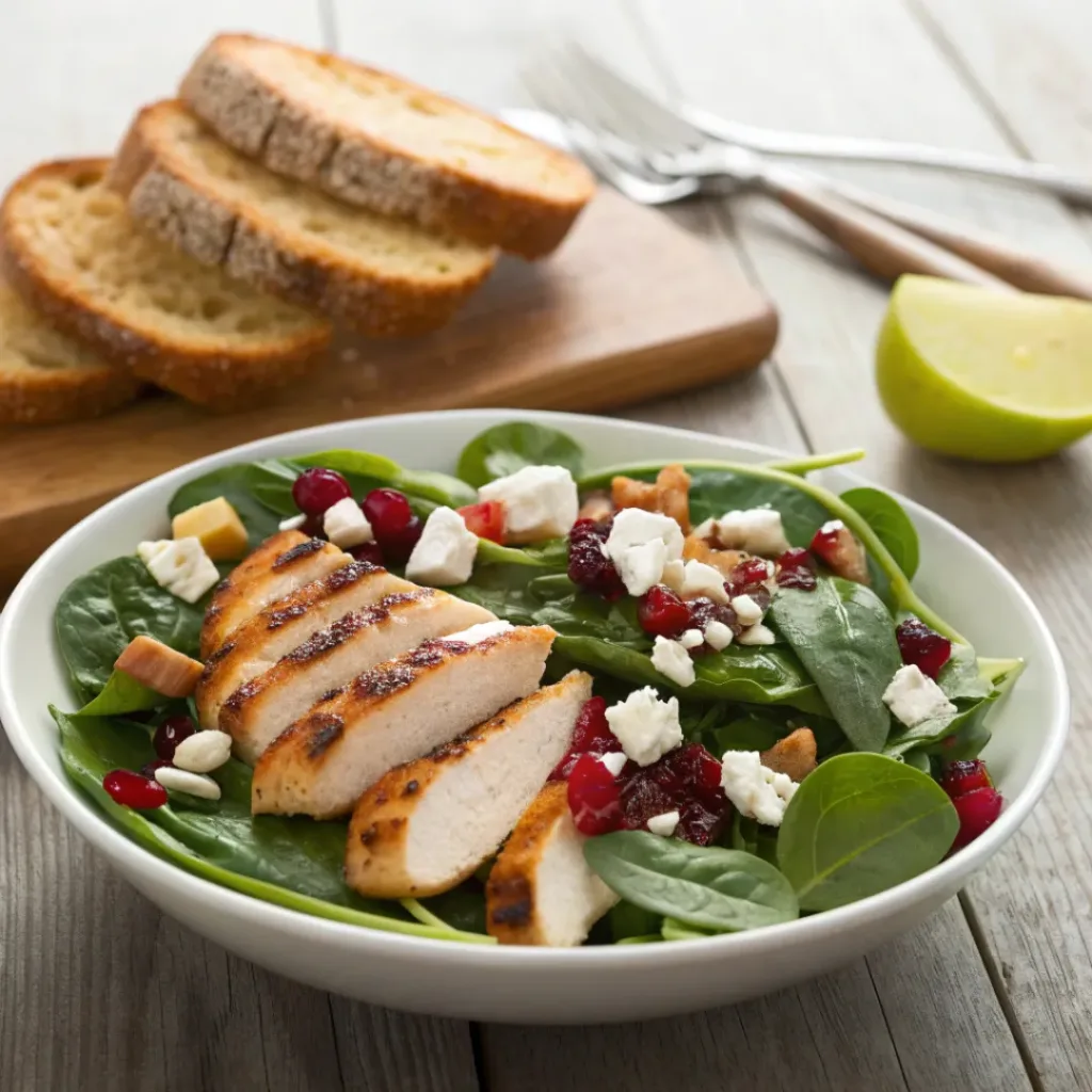 Healthy Spinach Apple Cranberry Salad Recipe 8 Spinach Apple Cranberry Salad served with grilled chicken