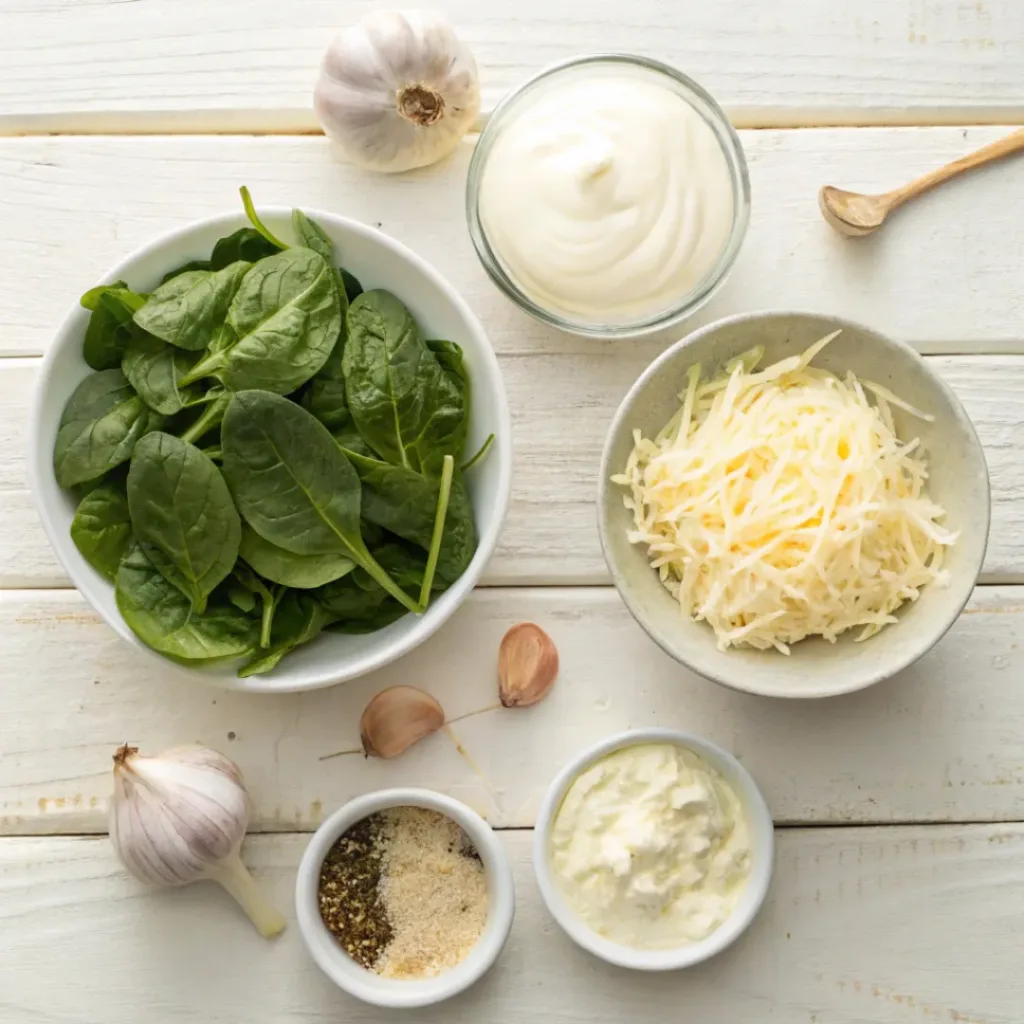 Creamy Spinach Dip – The Perfect Party Appetizer 6 Overhead view of ingredients for creamy spinach dip
