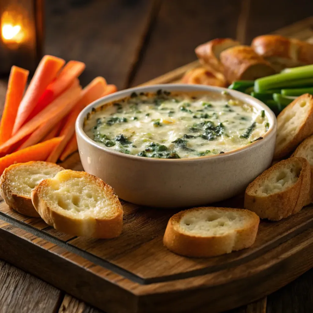 Creamy Spinach Dip – The Perfect Party Appetizer 8 Spinach dip served with bread slices and veggie sticks