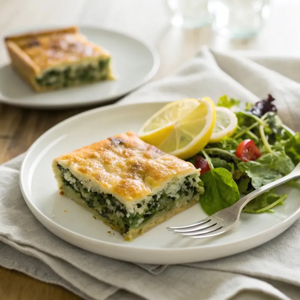 Homemade Spinach Feta Pie with Phyllo Crust 8 Slice of spinach feta pie with salad