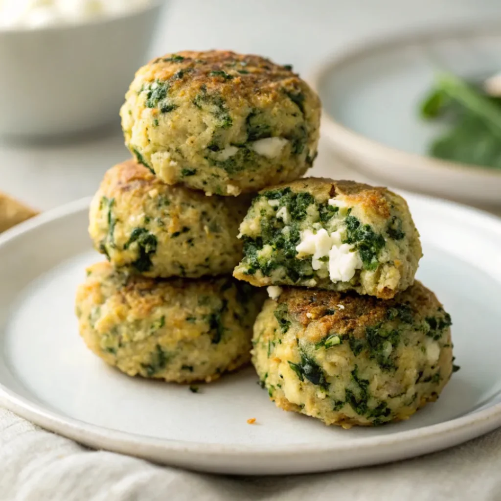 Close-up of golden spinach and feta quinoa bites on a plate
