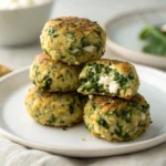 Close-up of golden spinach and feta quinoa bites on a plate