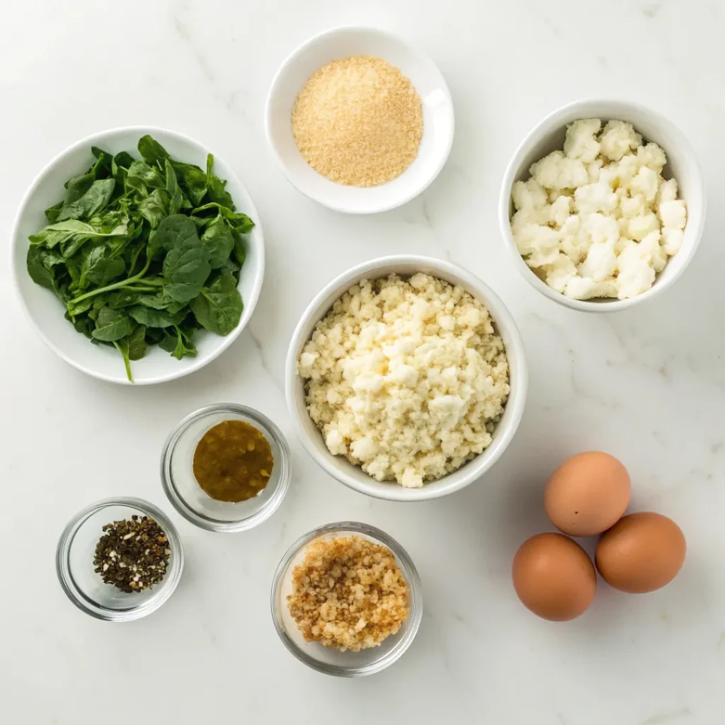 Overhead view of ingredients for spinach and feta quinoa bites arranged neatly