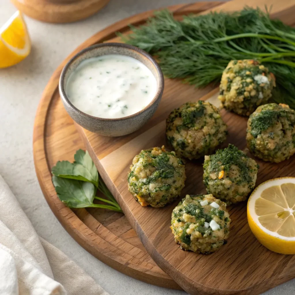 Spinach and feta quinoa bites served with yogurt dip and lemon