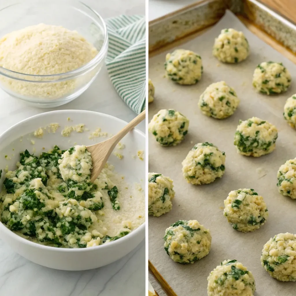 Collage showing step-by-step preparation of spinach and feta quinoa bites