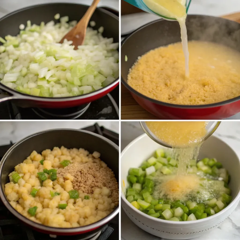 Sequential images of dressing being mixed and baked