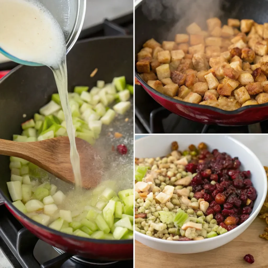 Cooking and mixing ingredients for apple cranberry walnut stuffing