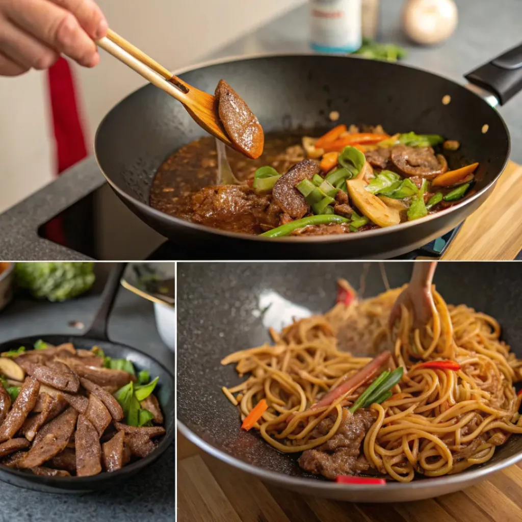 Homemade Beef Lo Mein – Tender Noodles and Savory Sauce 7 Collage of cooking beef lo mein in a wok step-by-step