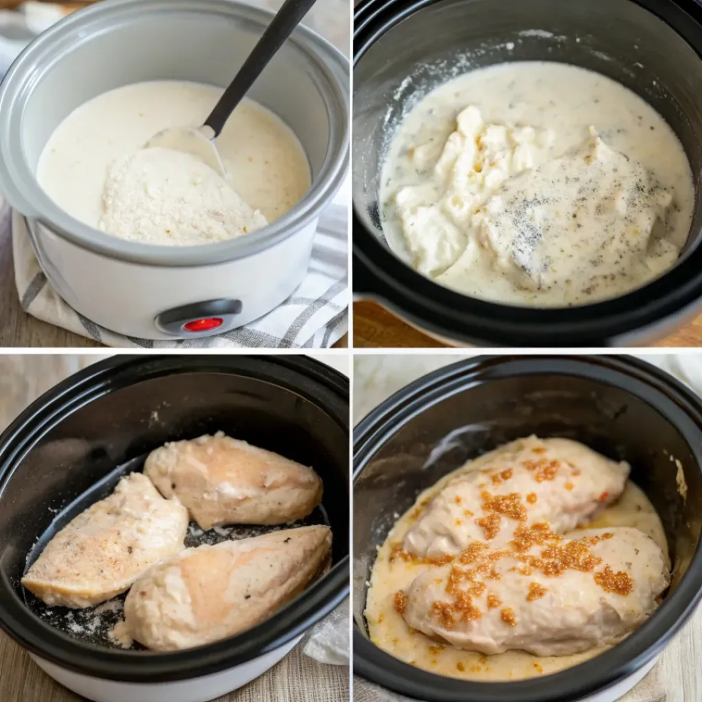 Creamy Ranch Chicken CrockPot – Easy Slow Cooker Dinner 7 Collage showing how to make creamy ranch chicken in a CrockPot