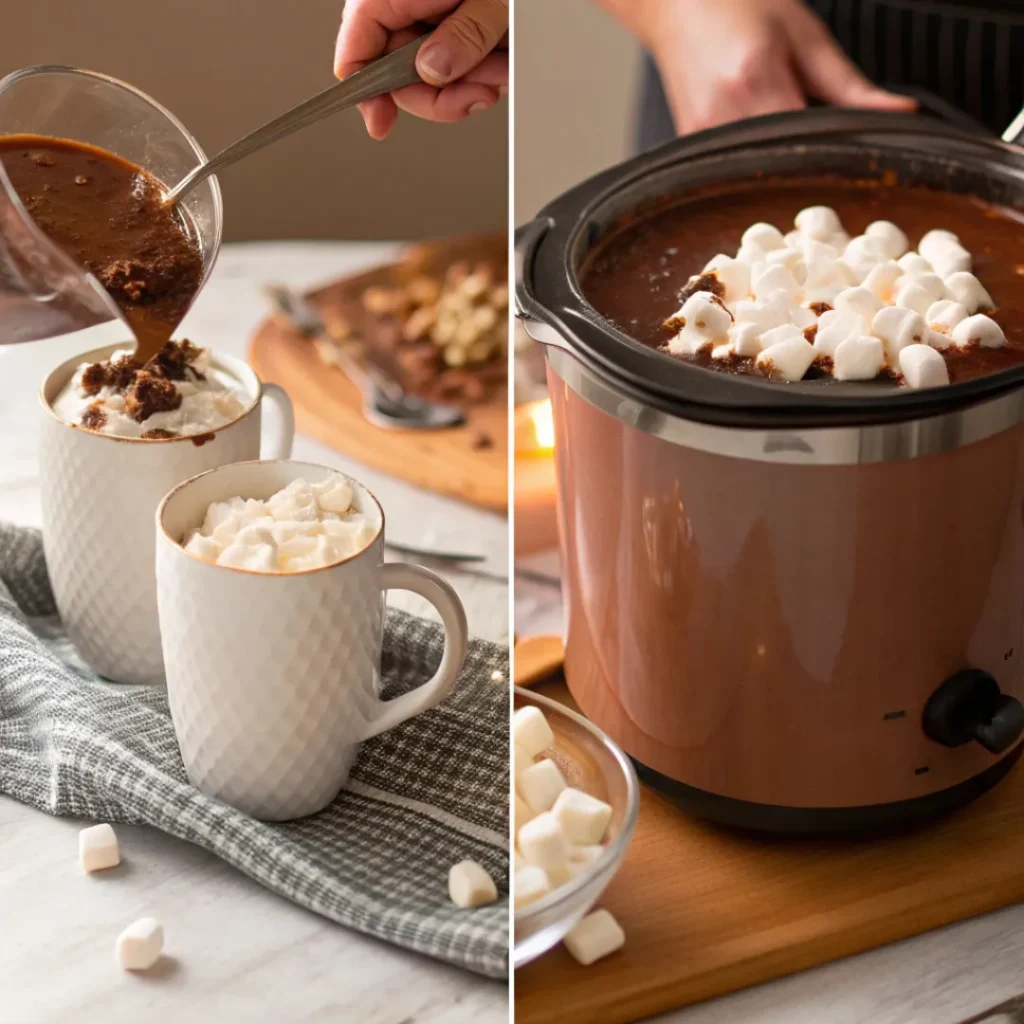 Adding ingredients, stirring, and serving hot chocolate from a slow cooker