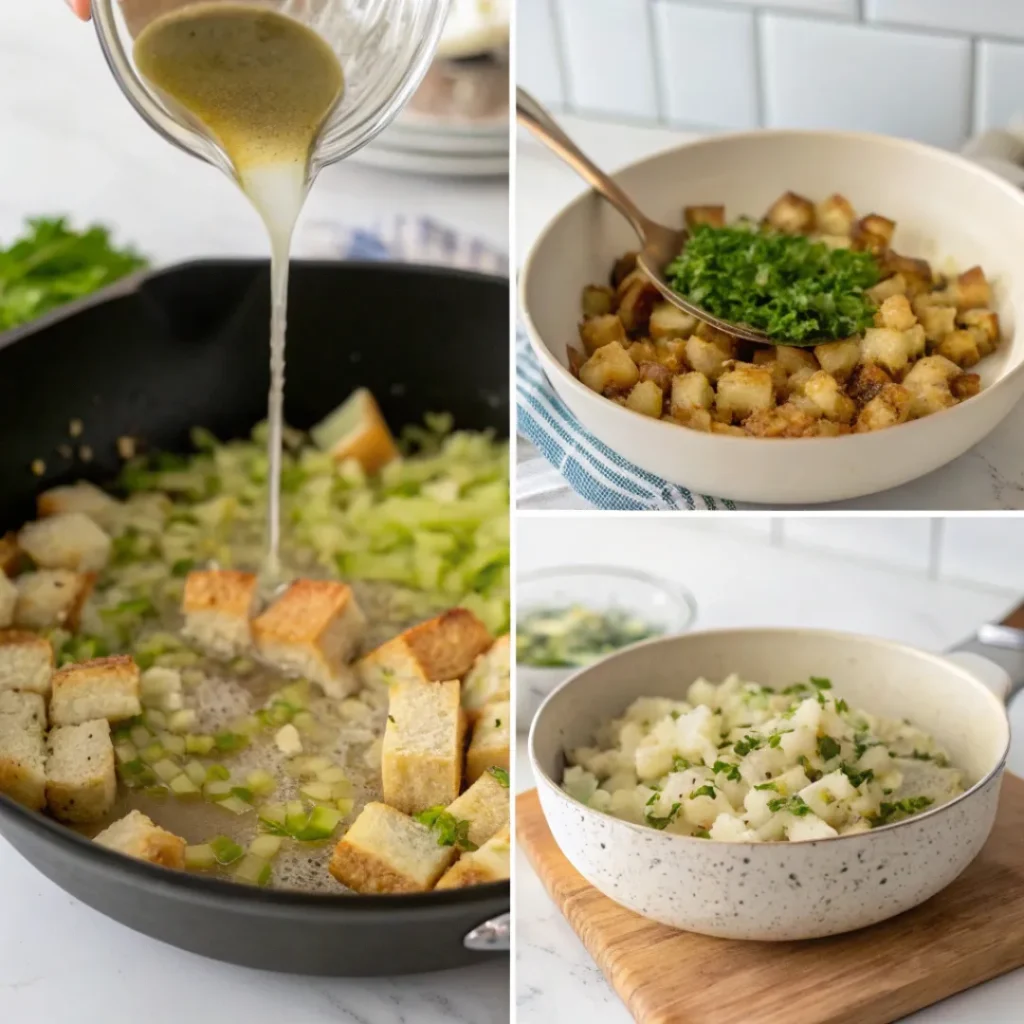 images showing mixing, sautéing, and baking stuffing