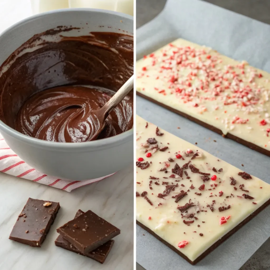 Melting and layering chocolate with candy cane topping