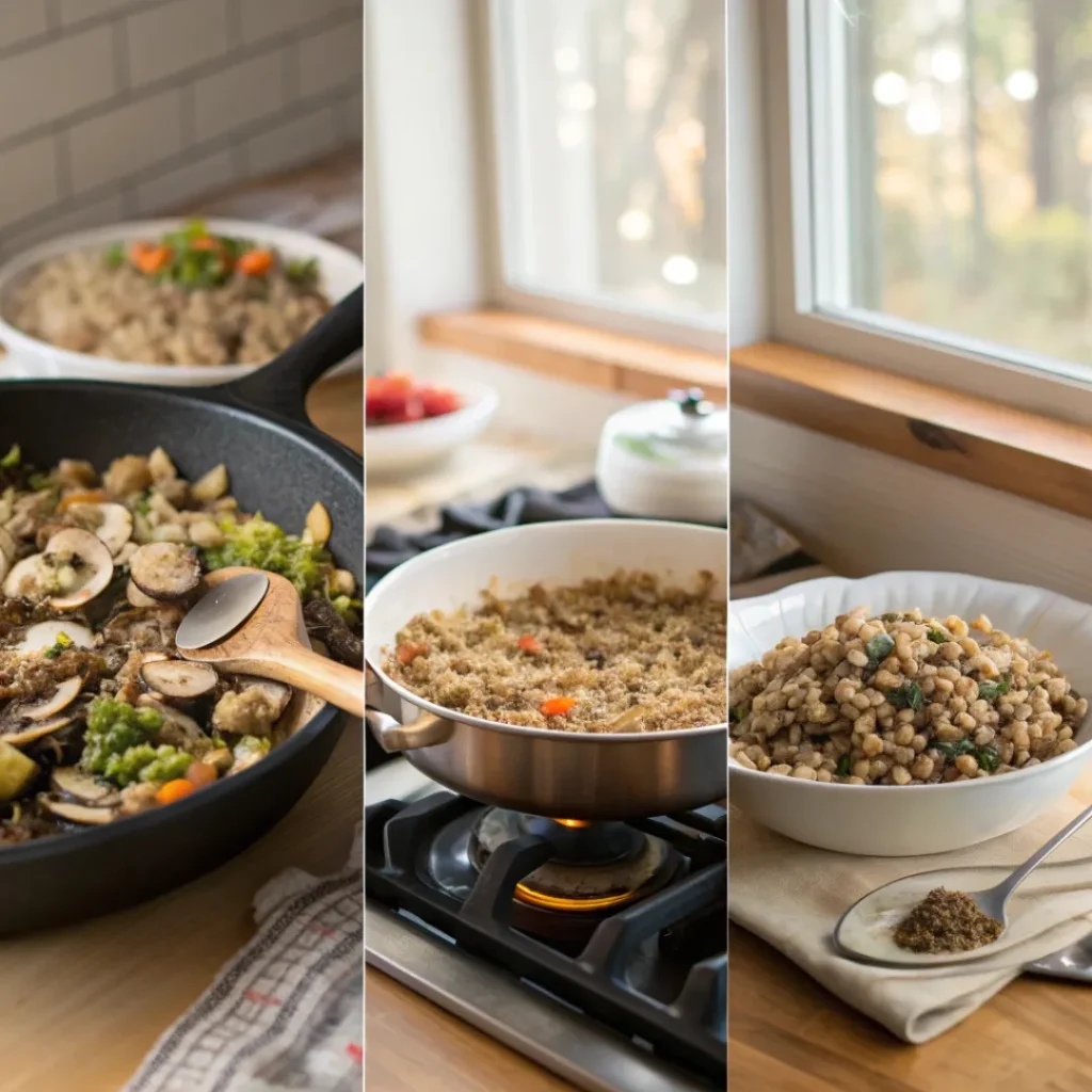  Cooking vegetables and wild rice, mixing and baking steps