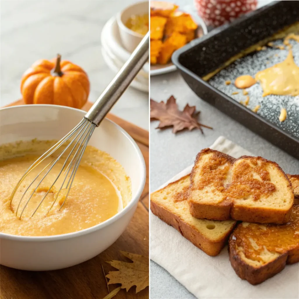 Cooking and plating pumpkin french toast in a kitchen setting
