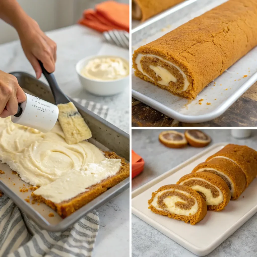 Collage showing the process of baking and rolling a pumpkin roll