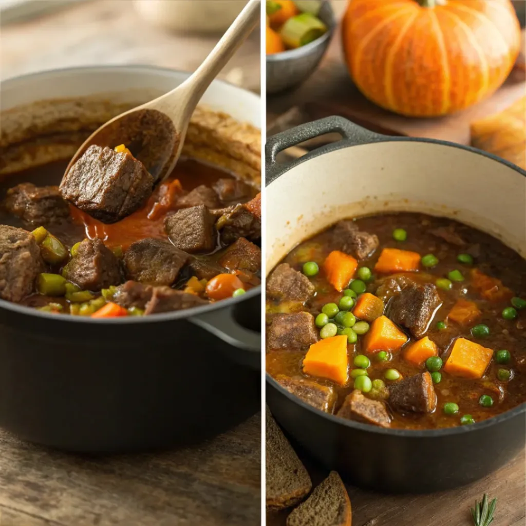 Slow Cooker Pumpkin Beef Stew – Easy Autumn Dinner 7 Step-by-step collage showing how to make pumpkin beef stew