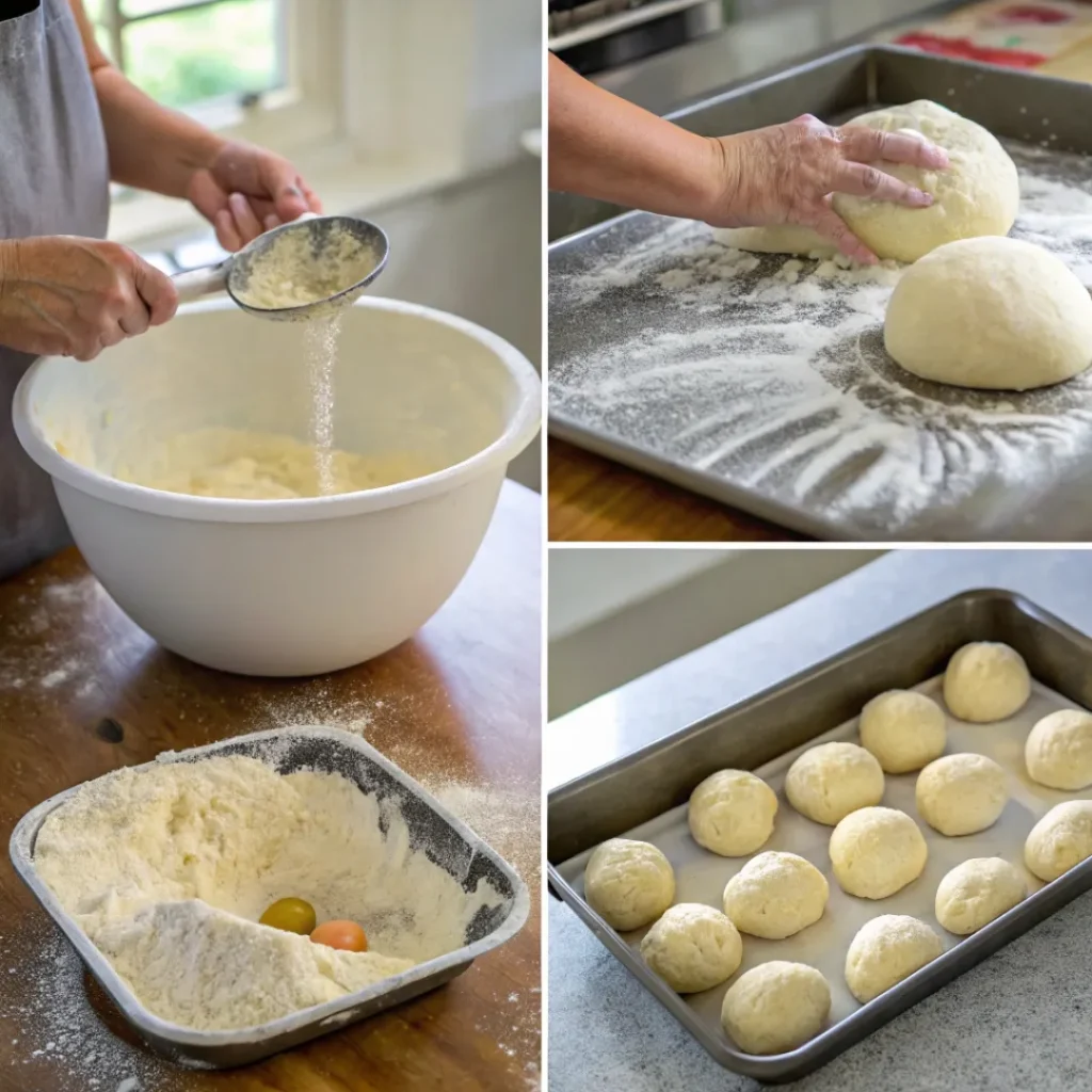 Hands kneading dough, shaping rolls, and applying egg wash