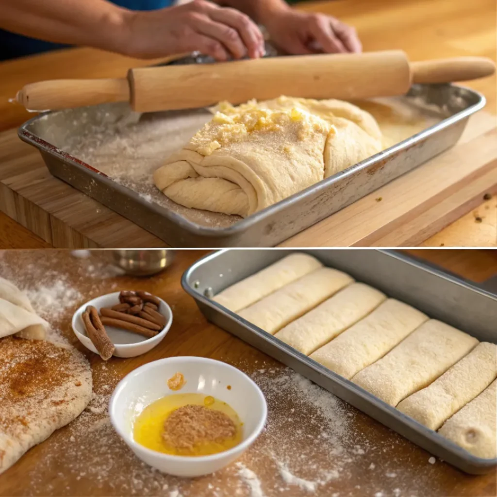 Hands preparing dough and layering cinnamon sugar filling for pull apart rolls