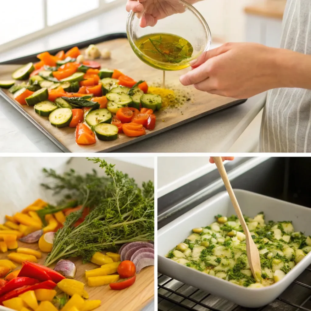 Cutting, tossing, and roasting vegetables in oven