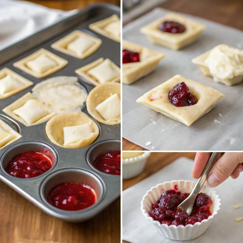 Process collage showing pastry filled with brie and cranberry before baking