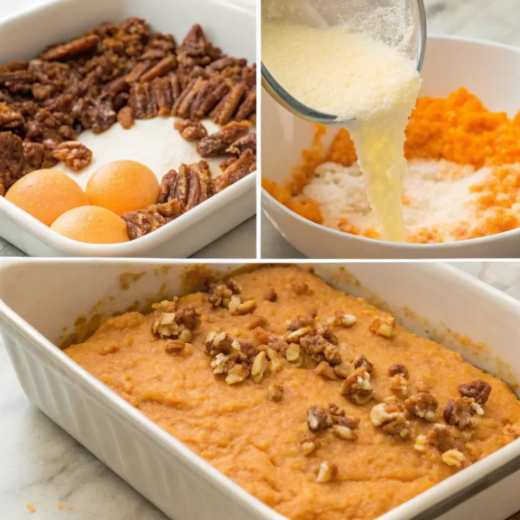 Collage showing preparation, topping, and baking of sweet potato casserole