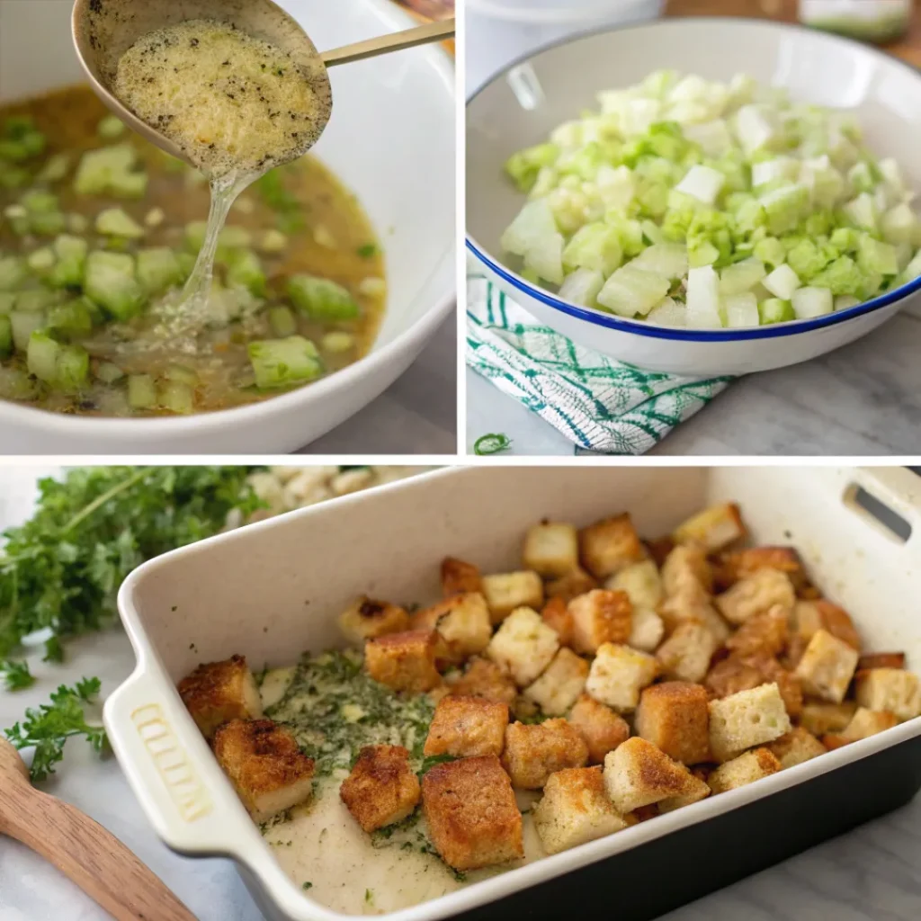 Collage showing sautéing, mixing, and baking stuffing