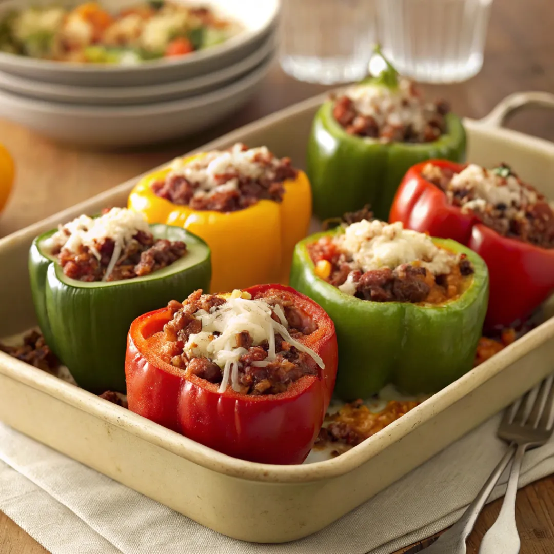 Stuffed Bell Peppers – Colorful, Hearty & Easy Family Dinner 5 Baked stuffed bell peppers with rice and beef filling