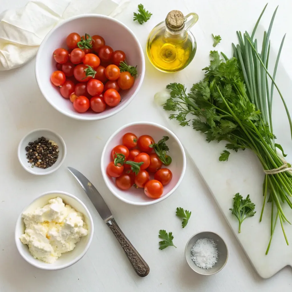 Flat lay of ingredients for Stuffed Cherry Tomatoes