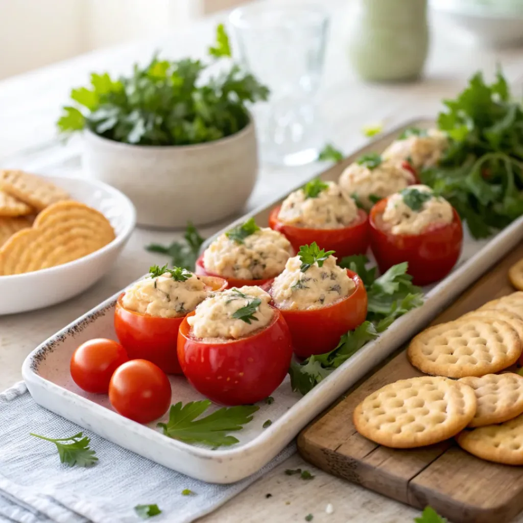 Stuffed Cherry Tomatoes served with crackers on a platter