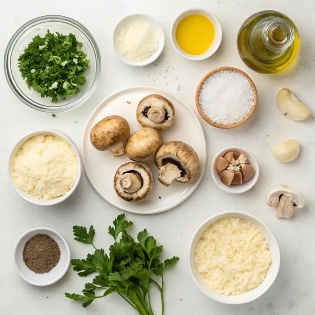 Easy Baked Stuffed Mushrooms – Flavorful and Savory 6 Overhead view of ingredients for stuffed mushrooms arranged neatly on a counter