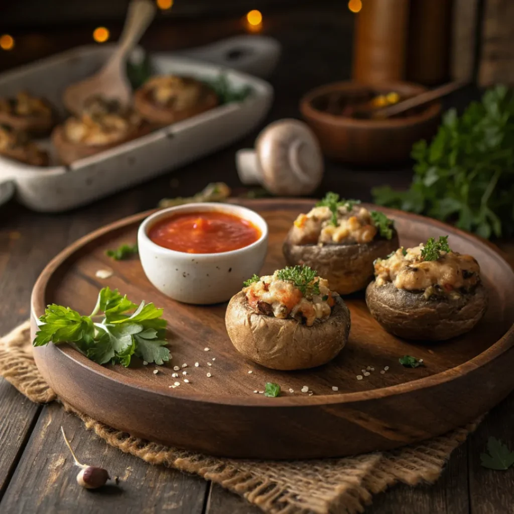 Easy Baked Stuffed Mushrooms – Flavorful and Savory 8 Stuffed mushrooms served with dipping sauce and fresh herbs