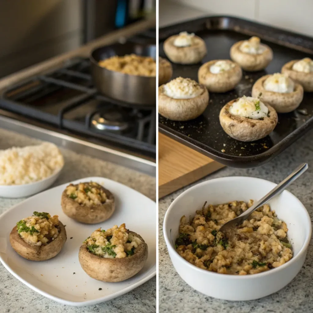 Easy Baked Stuffed Mushrooms – Flavorful and Savory 7 Collage showing steps of preparing and baking stuffed mushrooms