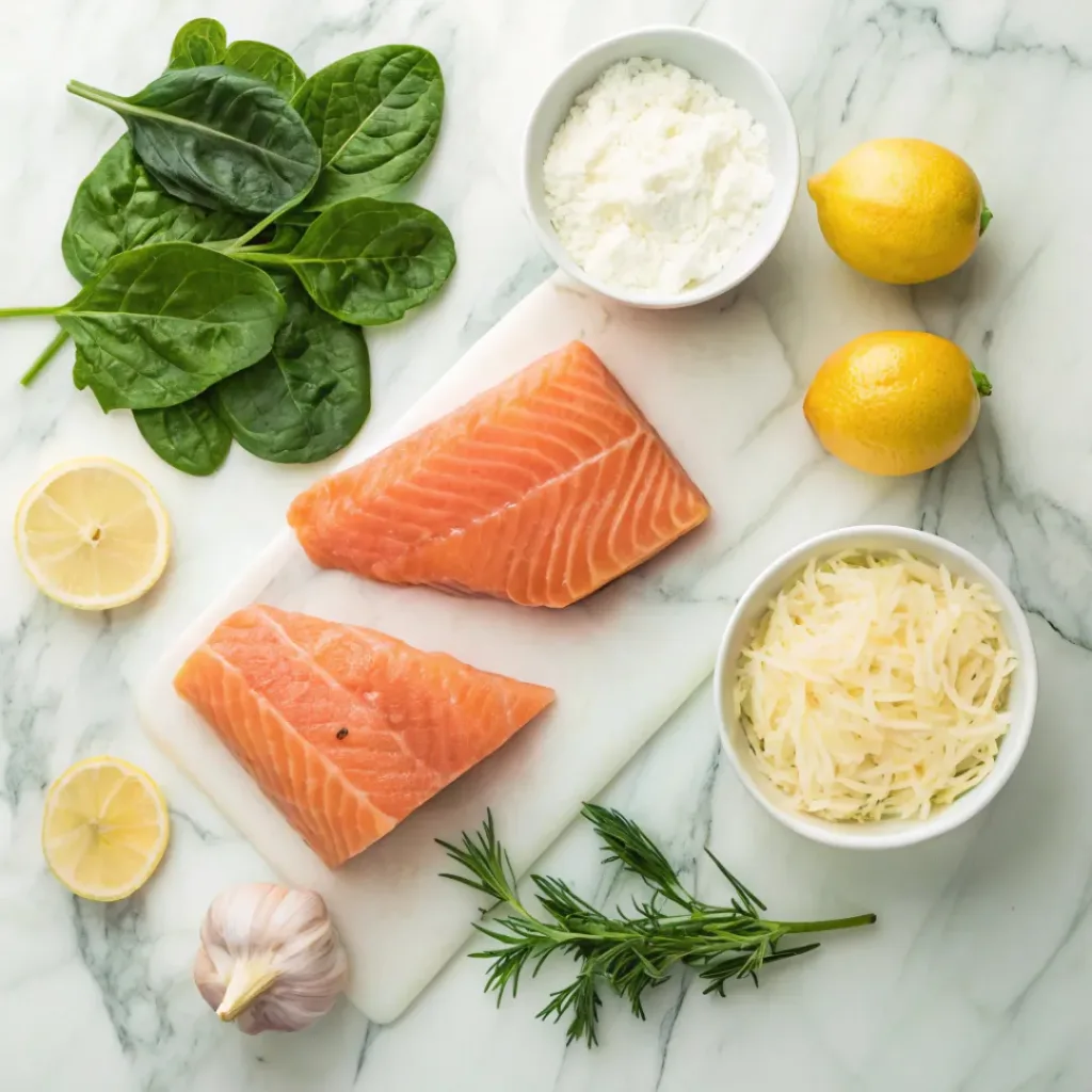 Baked Stuffed Salmon – Juicy, Flavorful, and Simple 6 Overhead view of ingredients for creamy stuffed salmon