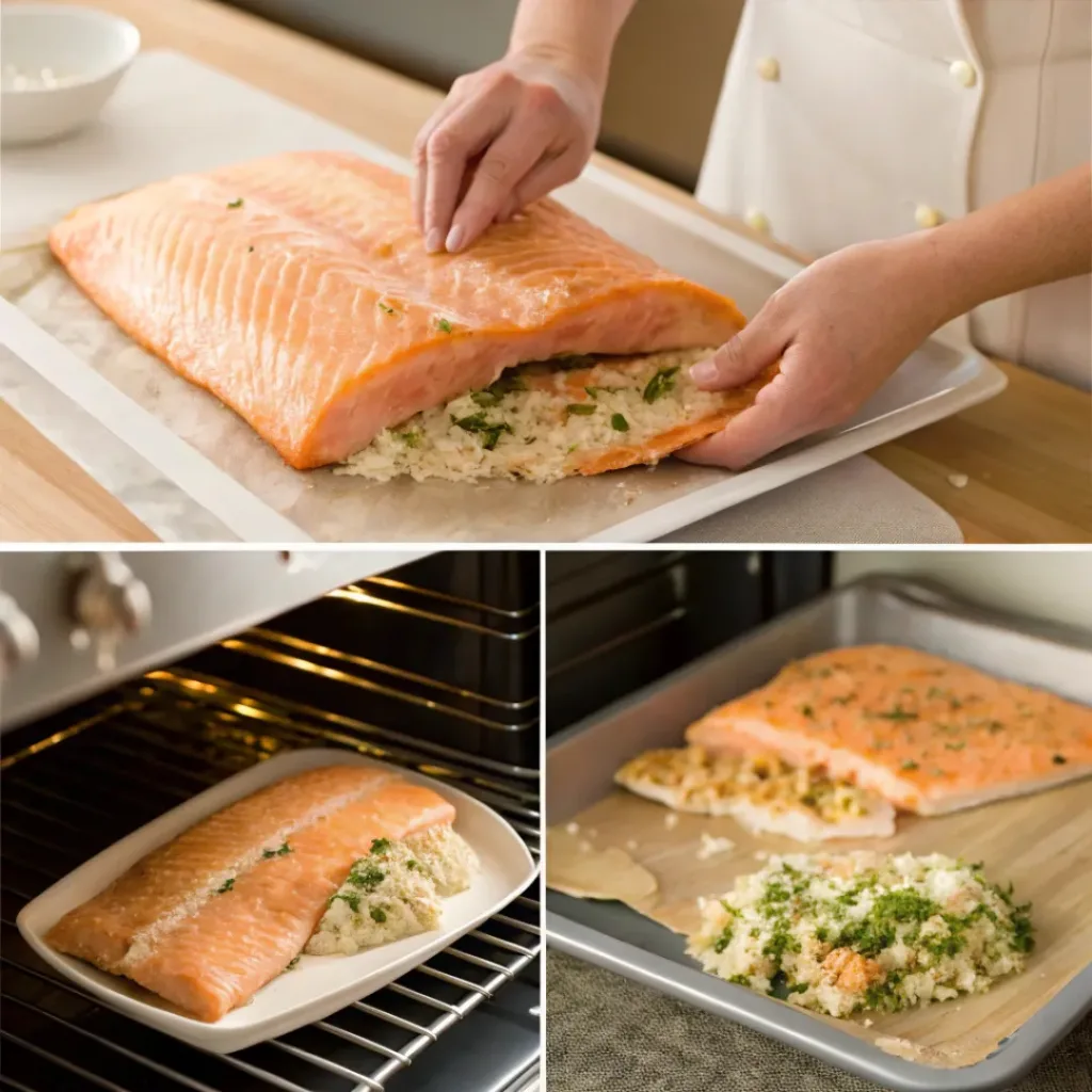 Baked Stuffed Salmon – Juicy, Flavorful, and Simple 7 Step-by-step collage showing how to make stuffed salmon
