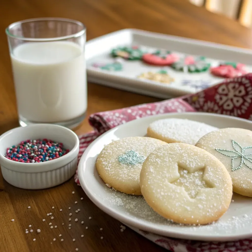 Easy Sugar Cookie Recipe – Soft, Chewy & Perfect Every Time 8 Sugar cookies served with milk